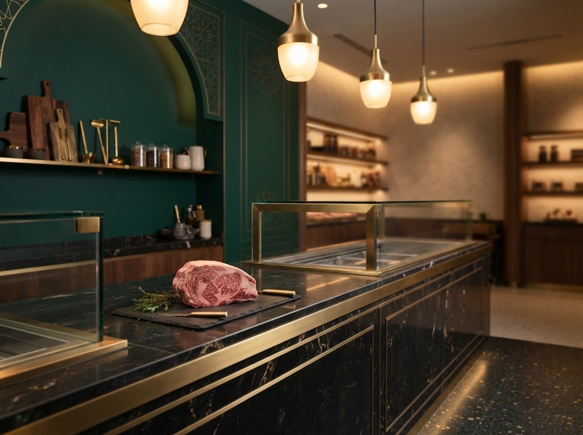 Premium butcher counter concept in dark green and brass