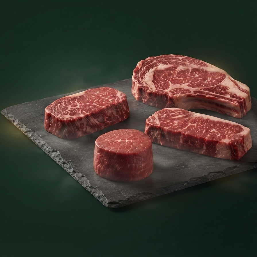 Raw chilled Brazilian beef cuts arranged on dark slate