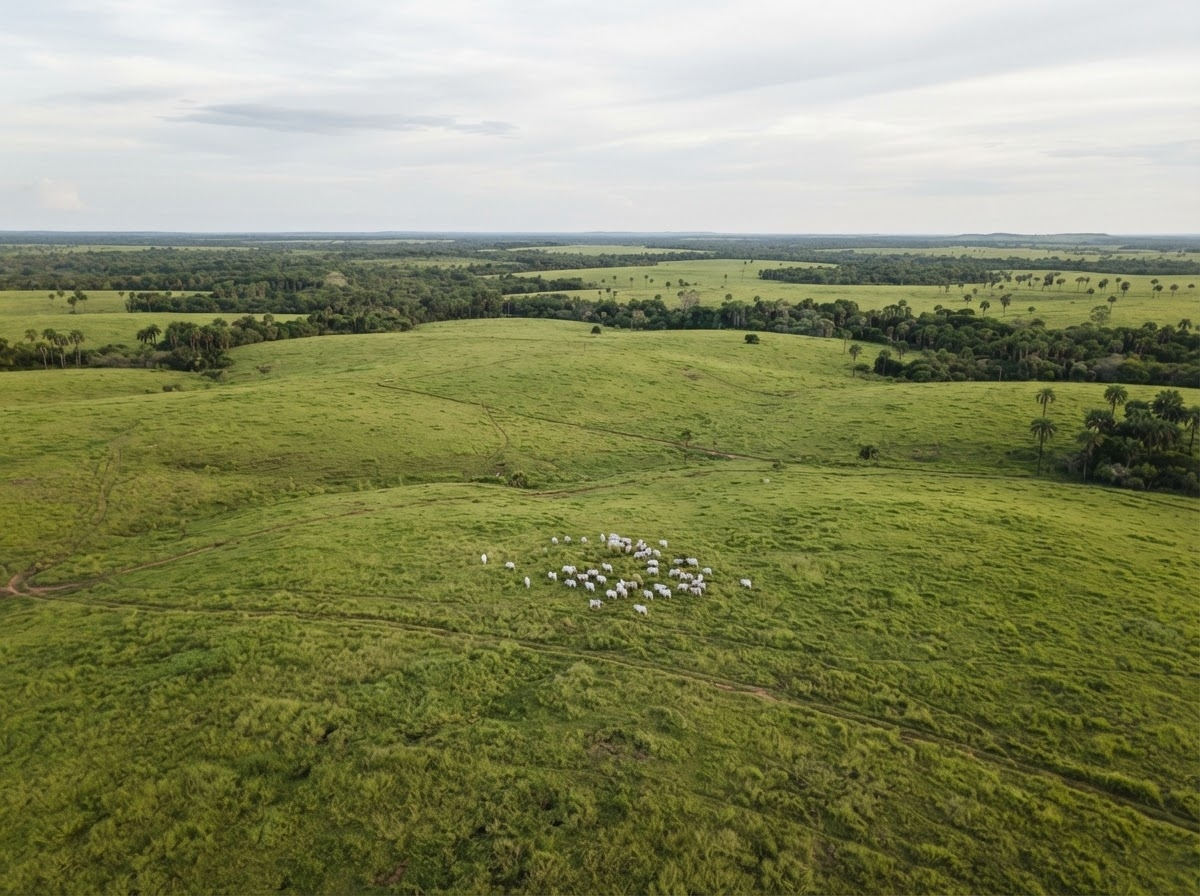 Aerial view of Brazilian pastureland with grazing cattle