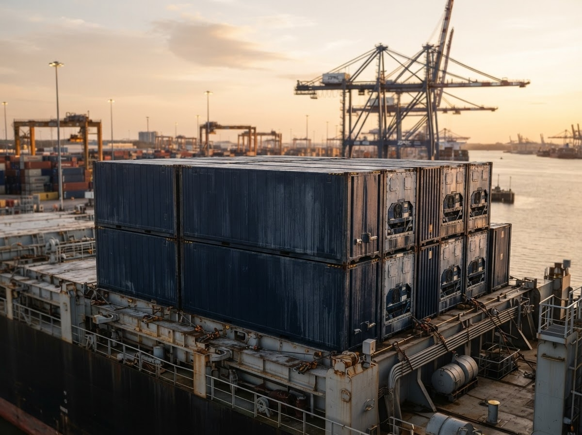 Refrigerated shipping containers at a port at sunrise